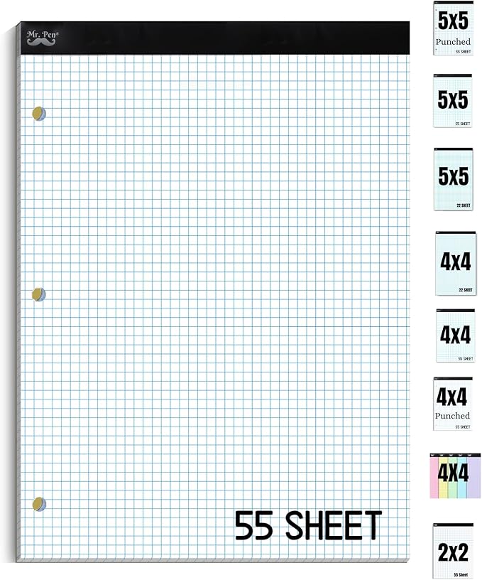 Mr. Pen- Engineering Paper, Graph Paper, 5x5 (5 Squares per inch), 8.5"x11", 55 Sheets, 3-Hole Punched, Grid Paper, Graphing Paper, Computation Pads, Drafting Pad, Blueprint Paper