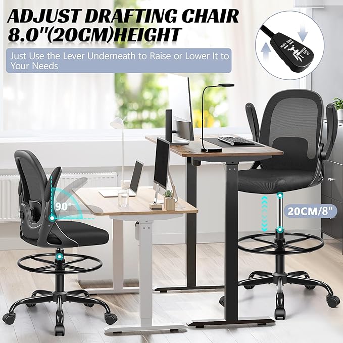 Drafting Chair, Tall Office Chair Ergonomic Standing Desk Chair,with Adjustable Footrest Ring, 3D Lumbar Support, Flip-up Armrests, Swivel Desk Stool for Drawing Working (Black)