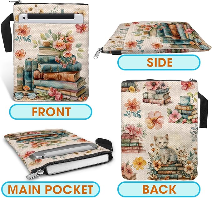 Book Cover Bag with Zipper and Front Pocket. Book Sleeve Gift for Book Lovers and Librarians. Washable Fabric 11 X 8.5 Inch Padded Protector Pouch for Paperbacks. Watercolor Art