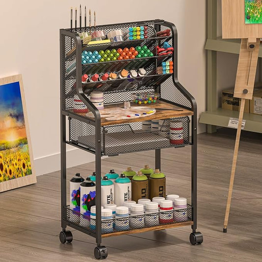 Small Rolling Utility Cart with Drawer, Metal Craft Storage Cart with Lockable Wheels, Versatile Art Cart with 6 Tiers & Removable Dividers for Drawing Room, Store Paints & Artifacts (Patent Pending)