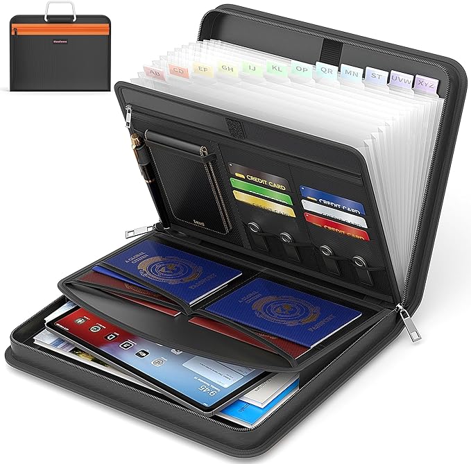 Fireproof Accordion File Organizer with 13 Pocket, Document Organizer with Handle & Labels, Expanding File Folder Multi-Layer Portable Home Travel Storage for Letter A4 Files and More