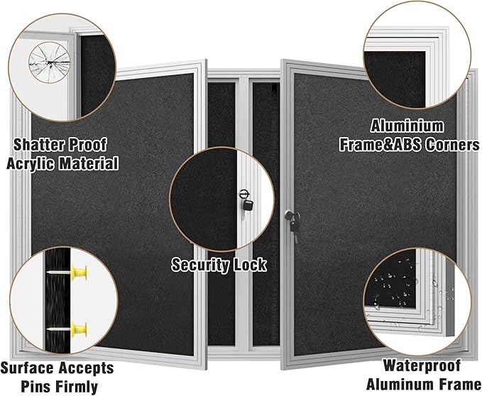 48"x30" Enclosed Bulletin Board, Outdoor Lockable Weather-Resistant Aluminum Cork Noticeboard for School & Office, Silver Frame w/Black Flet