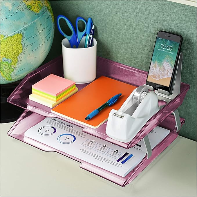 Acrimet 2 Tier Side Load Letter Tray Facility, Desktop File Organizer, A4 Letter Size Paper Organizer, Minimalist Storage Solution Paper Tray for Office, Home, Classroom (Plastic, Clear Pink Color)