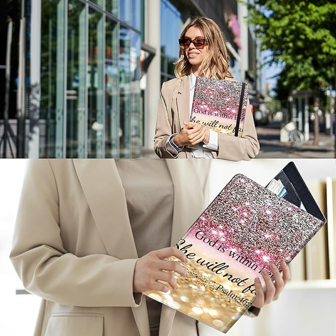 PU Leather Padfolio Clipboard Notepad with Pen Loop and Elastic Strap Interview/Resume Document Organizer for Business School Office,Christian Bible Psalm 46-5