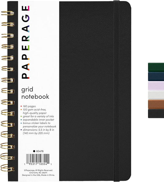 PAPERAGE Graph Paper Spiral Notebook & Journal, (Black), 160 Pages, Medium 5.5 inches x 8 inches - 100 GSM Thick Graphing Paper, Hardcover, Double-Wire Grid Spiral Notebook