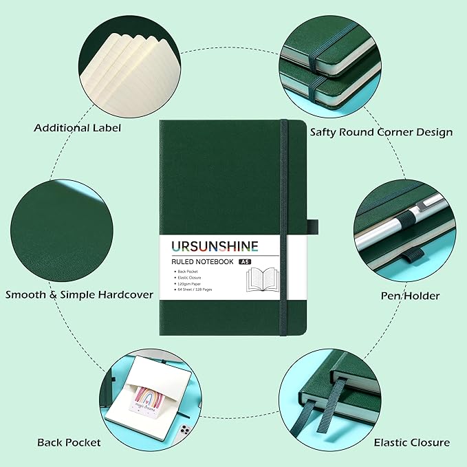 Ruled Notebook/Journal - Classic Lined Journal/Notebook, 5.3'' x 8.26'', Hardcover with Thick Paper, Banded + Pen Holder +Inner Pocket - Turquoise