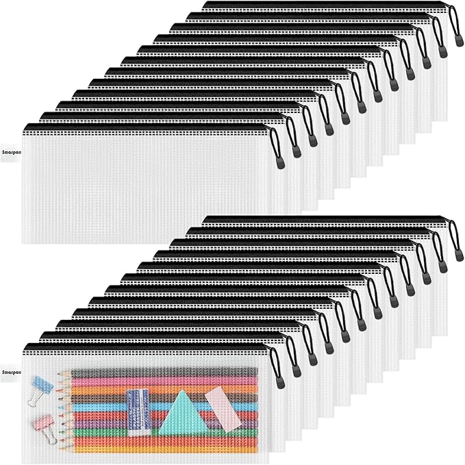 Smarpau Pencil Pouch 24PCS, 9.3" x 4.7" Mesh Zipper Pouches for Organizing, Bill Size Waterproof Zipper Pencil Bags for Travel, Office, Home Storage, Black