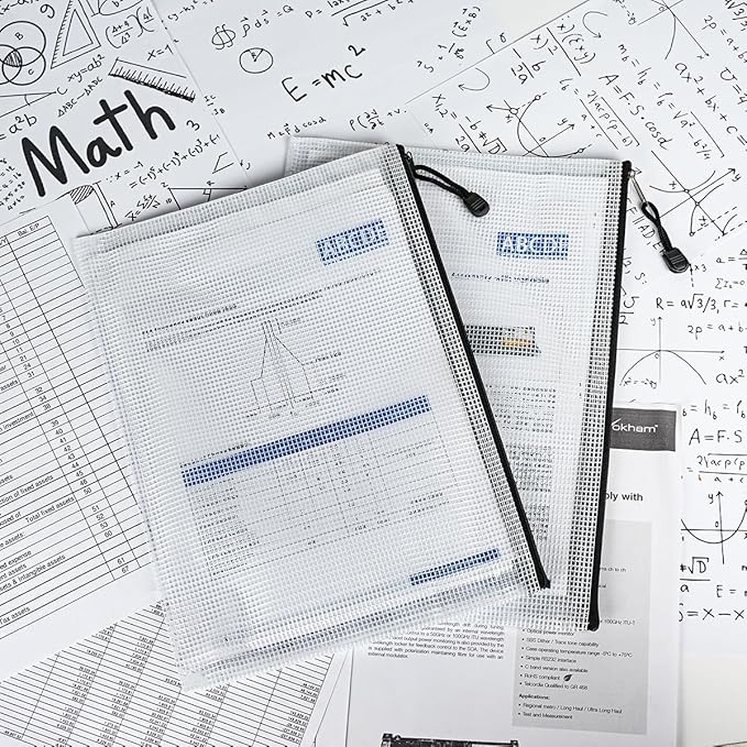 AUSTARK 10 Pcs Zipper File Bags, Waterproof Plastic Mesh Pouch for Office School, Board Game Storage Bags (A4 Size 13.4''x9.4'', White and Black)