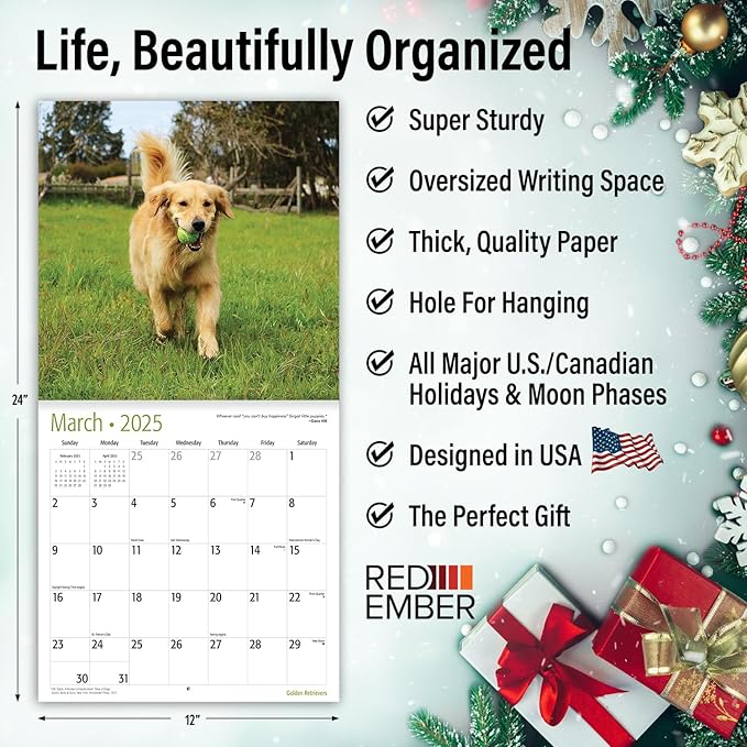 RED EMBER Golden Retrievers 2025 Wall Calendar 12 Month | 12" x 24" Open | Thick & Sturdy Paper | Giftable | Calendar 2025