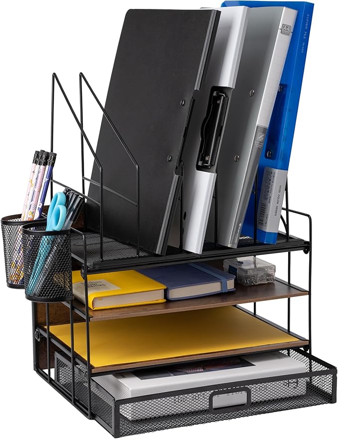 4 Tier Desk Organizers and Accessories, Paper Letter Tray Organizer,Vintage Wood Desk File Organizer with 5 Vertical File Holders and 2 Pen Holders for School Home Office Supplies