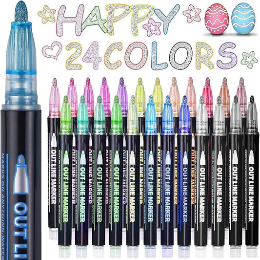 Easter Basket Essentials, 24 Colors Shimmer Glitter Markers Outline Pens, Easter Basket Stuffers for Teen, Teen Girl Gifts Trendy Stuff, Art Supplies Crafts Gifts for 4-12 Year Old Girls