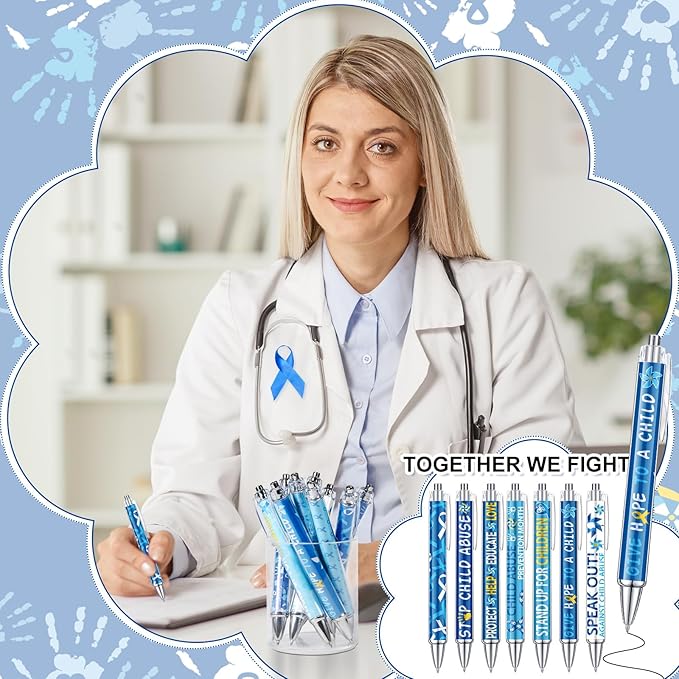 48 Pcs Child Abuse Awareness Pens Blue Ribbon Pinwheel Ballpoint Pens Bulk Child Abuse Prevention Awareness Pens for Love Support Events Charity Abuse Prevention Awareness Month