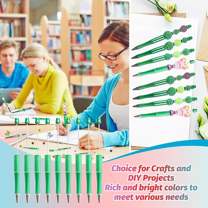 15 Pieces Beadable Pens - Beaded Pens Plastic Diy Black Ink Ballpoint Pens Bulk - Bead Pens Suitable For Teacher, Students, Office, School, Graduation Gift Supplies（Green）