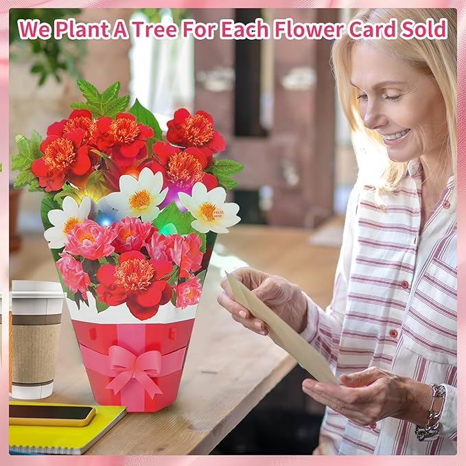 3D Pop Up Magnolia Flower Bouquet Card - Musical Birthday Card with LED Lights, Mother’s Day, Anniversary, Graduation, Thank You & Congratulations Gift for Women, Men, Friends, Family