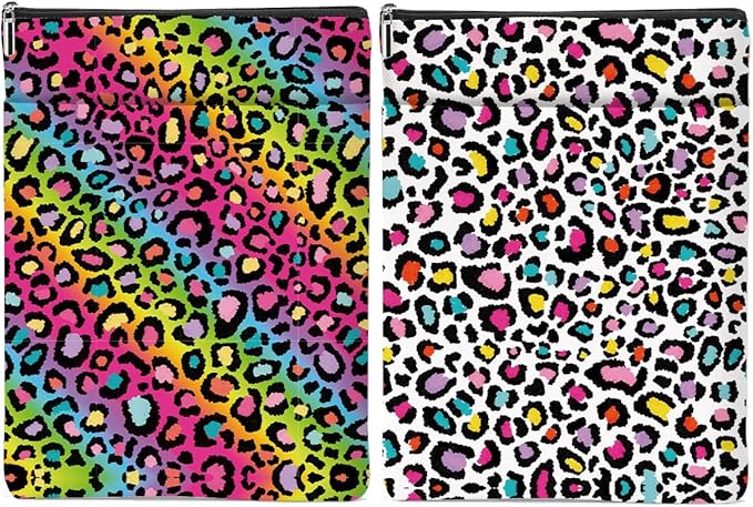 2 Pack Rainbow Leopard Print Book Sleeve, Books Protector，Books Pouch， Book Lovers Gifts，Bookish Gifts Waterproof Cover with Zipper，Leopard Decor Gift Bag for Women Girls Christmas Appreciation