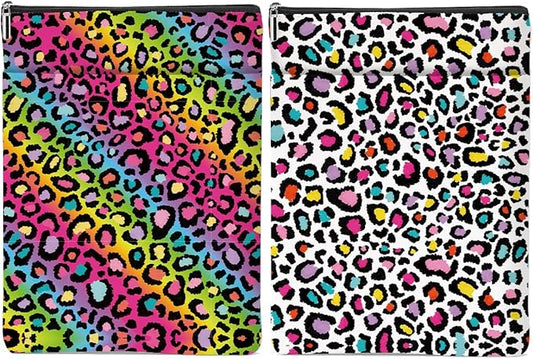 2 Pack Rainbow Leopard Print Book Sleeve, Books Protector，Books Pouch， Book Lovers Gifts，Bookish Gifts Waterproof Cover with Zipper，Leopard Decor Gift Bag for Women Girls Christmas Appreciation