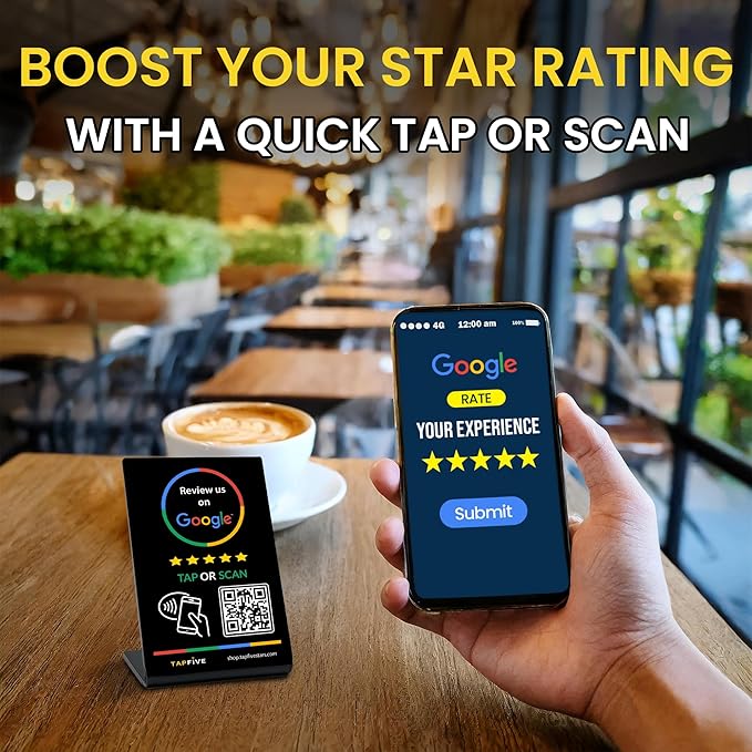 Tap Google Review Stands (5-Pack) Tap for Instant Reviews - All Phones Compatible - Reusable Smart Tap NFC & QR - Boost Business Reviews Zappy Fast - Powered (Black, 5 Stands)