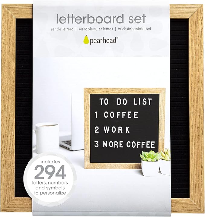 Pearhead Natural Wood And Black Felt Classic Letter Board Set, Includes 294 White Letters, Modern Reusable Message Board, Gender Neutral Photo Prop, Nursery And Home Decor, 10" x 10"