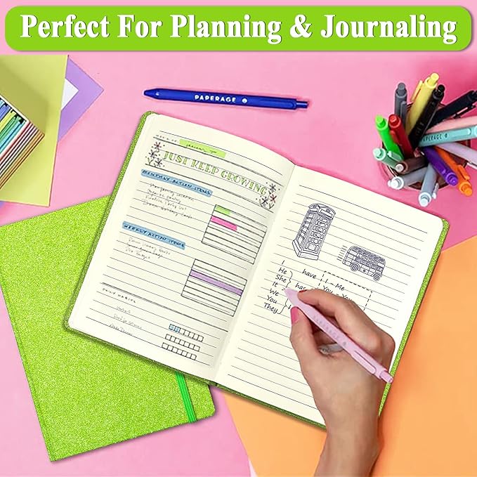 Green Glitter Notebook, 8.3x5.7” 160 Lined Pages Glitter Never Peel Off Sparkle Journal for Girls College Ruled A5 Hardcover Notebooks for Teens Women Writing Note Taking Office Work School Gifts