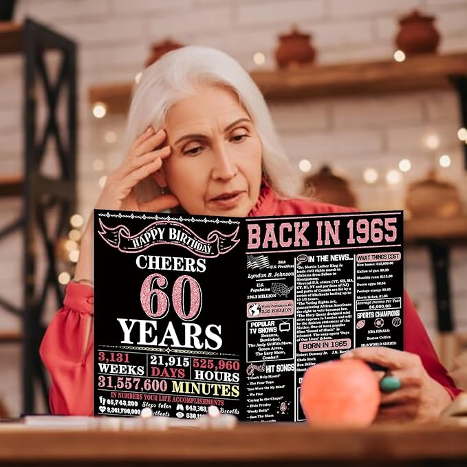 YiKaLus Big 60th Birthday Card for Women, Vintage 60 Year Old Gifts for Mom Sister Friends, Rose Gold Back in 1965 Bday decorations