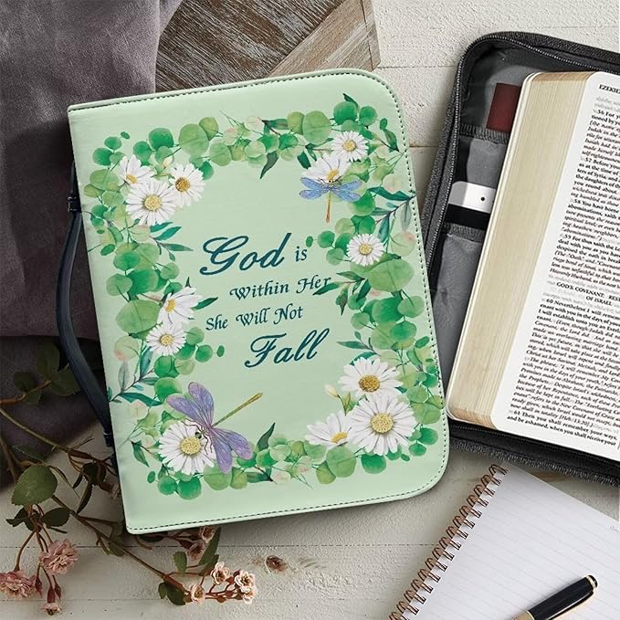Lotusorchid Bible Book Cover for Women, Large Bible Cover Case with Verse, Sturdy Zippered Bible Carrying Case with Handle Pocket Portable Bible Bag for Bible Study, Green,L