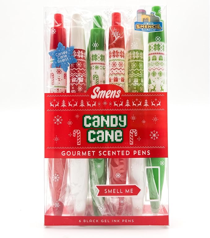 Holiday Smens - Candy Cane Scented Black Gel Ink Pens 6 Count, Stocking Stuffer Gifts for Kids School Supplies Party Favors Classroom Reward