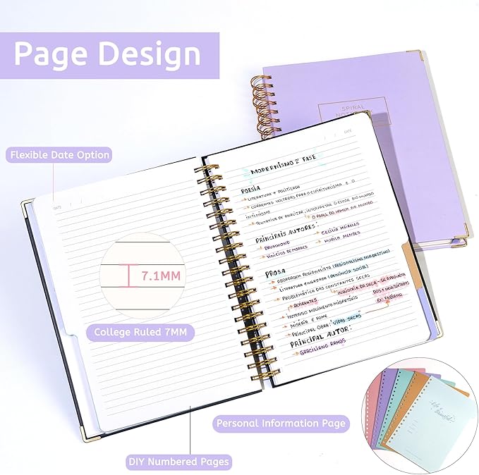 Hardcover Spiral Notebook with Tabs 8"x10" Large Spiral Lined Journals for Women with Dividers 240 Pages College Ruled Composition Notebook 5 Subject Notebook for Work, Back to School, Gifts, Purple