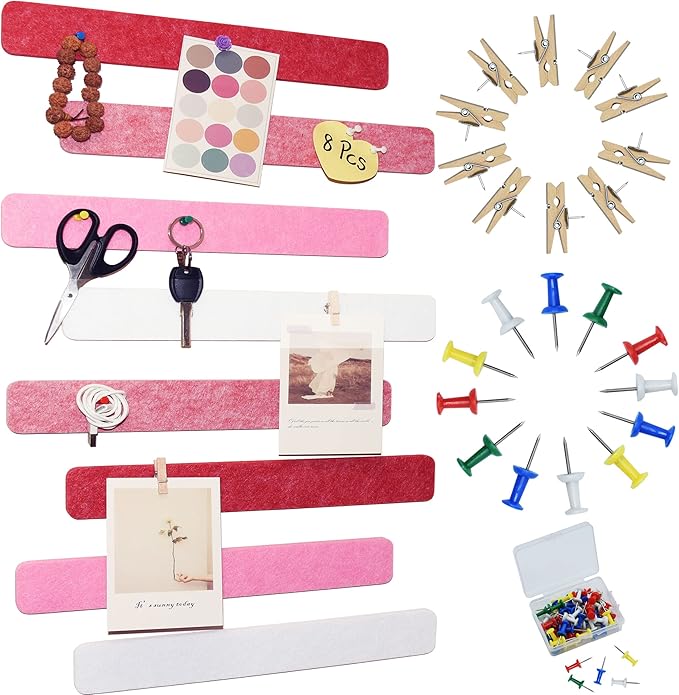 Red & White Bulletin Board Strips, 8Pcs Felt Pin Board Bar Strips with 50 Pushpins, Self-Adhesive Felt Cork Board Strips for Wall to Display Your Notes, Photos, Schedules, Announcements