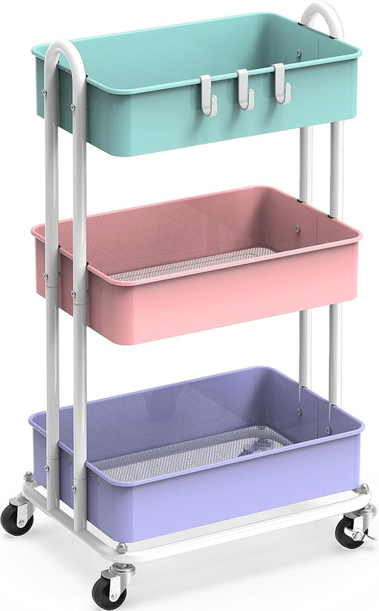 Simple Houseware Heavy Duty 3-Tier Metal Utility Rolling Cart, Multicolor
