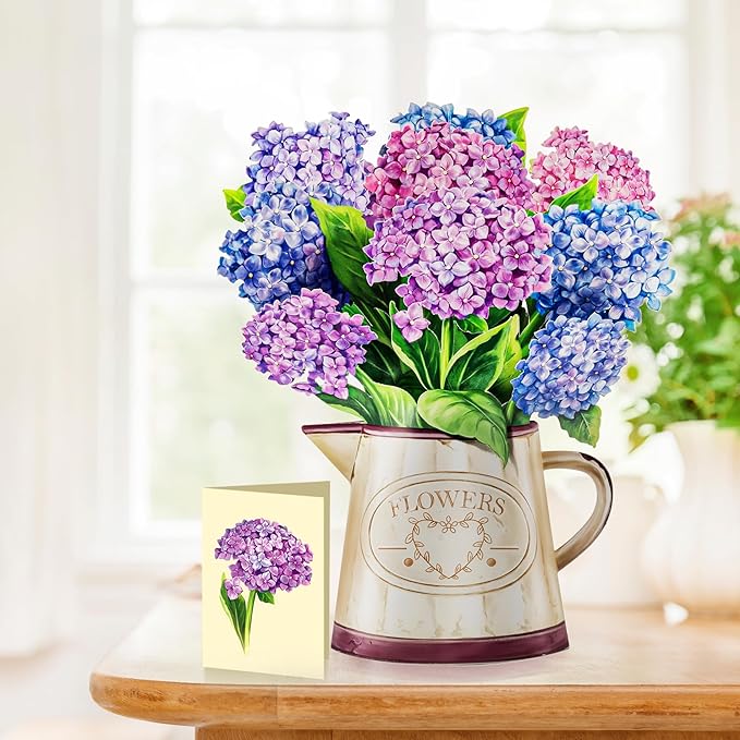 Pop Up Flower Cards, Pruple Nantucket Hydrangeas, 12inch Paper Flowers 3D Greeting Cards with Blank Note Card and Envelope for Birthday, Anniversary, Easter, Get Well Gifts Card for Women Kids