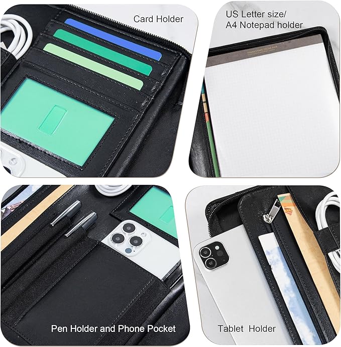 Calfinder portfolio binder,Padfolio for men, leather binder, vegan leather portfolio organizer, Personalized Gift for Professionals, Business Resume portfolio notebook,Black