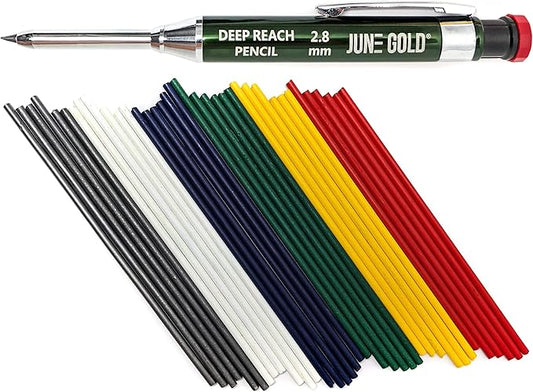 June Gold 2.8 mm Deep Reach Metal Carpenter Pencil, 36 Colored Refills, 6 Colors, 40 mm reach, 6 mm width, Built-in Sharpener, Construction, Shop, Glass, Machine, Indoor, and Outdoor
