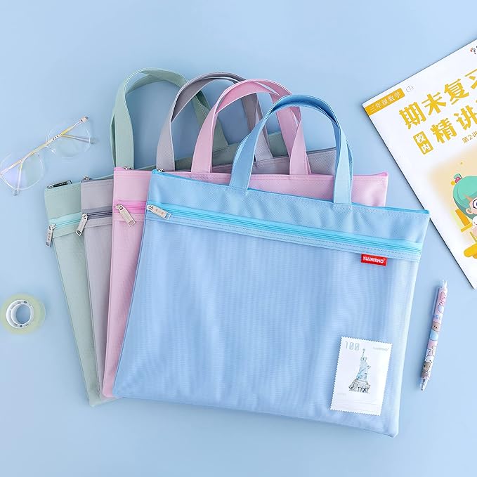 pendancy Mesh Zipper Pouch 11x13.7 in, 2 pcs Large Double Pocket Waterproof File Bag with Handle, A4 Size Foldable Document Storage for Puzzle Project/Cross Stitch/Travel/Office（Blue Green）