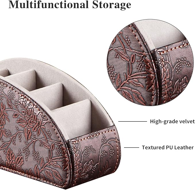 YAPISHI All-in-One Leather Brown TV Remote Holder with 5 Compartments Nightstand Desktop Media Player Remote Caddy Storage Box Organizer Tray for Mobile Office Phone Controller