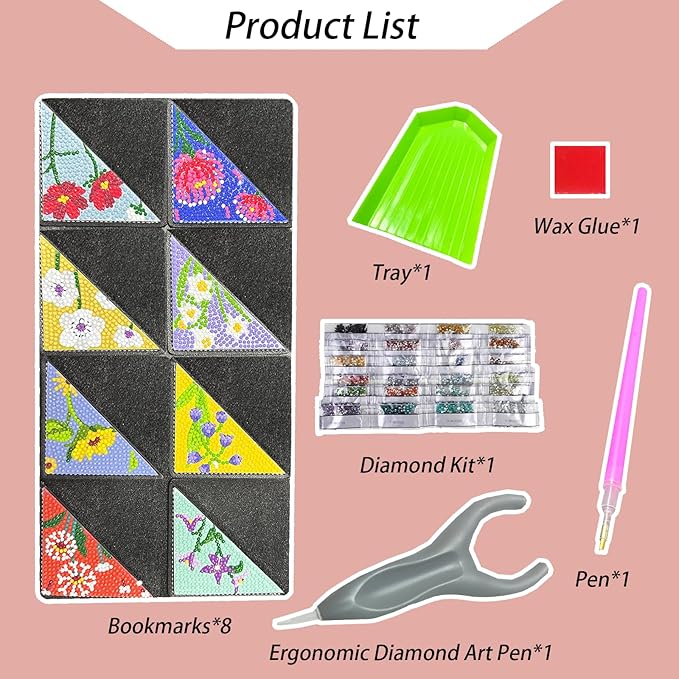 Ergonomic Diamond Art Pen with 8 Pcs Diamond Art Bookmarks Kit for Adult, DIY Diamond Paint Corner Book Makers Set, Small Diamond Art Kits, Paint by Art Crafts Kit Gifts(Floral 8)