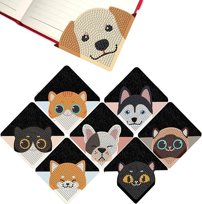 Diamond Art Bookmark Shape Rhinestone Bookmark Crystal DIY Diamond Drawing Bookmark Diamond Art by Number Embroidery Painting Bookmark for Arts Crafts Gift (Cats&Dogs 8)