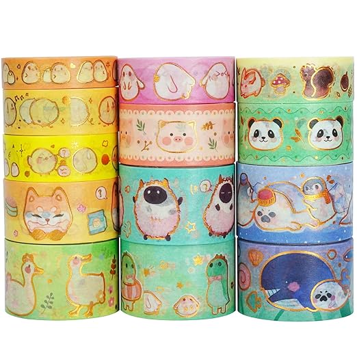 Cute Pets Washi Tape Set 13 Rolls Wide Gold Embellishment Decorative Masking Tapes for Arts, DIY Crafts, Journals, Planners, Scrapbook, Wrapping (Animal Kindergarten), 10/15/20/25mm