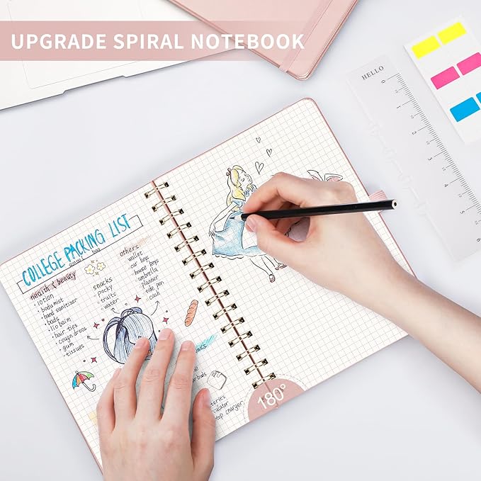 AHGXG Graph Paper Notebook - Spiral Notebook Hardcover Leather Journal 140 Pages, A5 Grid Paper Notebook 5.7" x 8.3", 100 gsm Thick Paper, for School Writing Graphing Engineering, Rose Gold