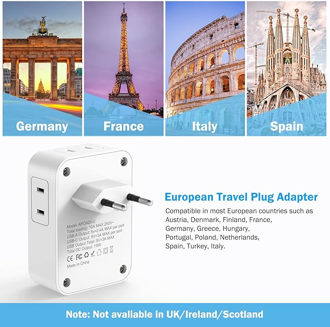European Travel Plug Adapter, AUOPLUS International Power Plug Adapter with 3 USB Ports (1 USB C), 4 AC Outlets Cruise Ship Essentials for US to Most of Europe Spain Italy France Germany
