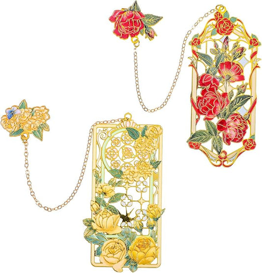 2 Pcs Metal Rose Bookmarks, Beautiful Book Marks for Reading Women Vintage Bookmarks with Metal Chain Pretty Bookmark Gift for Book Lovers Readers Birthday Christmas Gifts(Red, Yellow Roses)