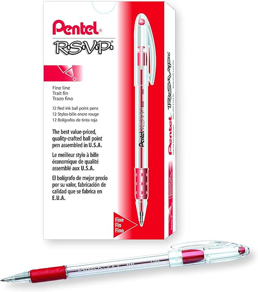 Pentel BK90B R.S.V.P. Stick Ballpoint Pen, .7mm, Trans Barrel, Red Ink (Pack of 12)