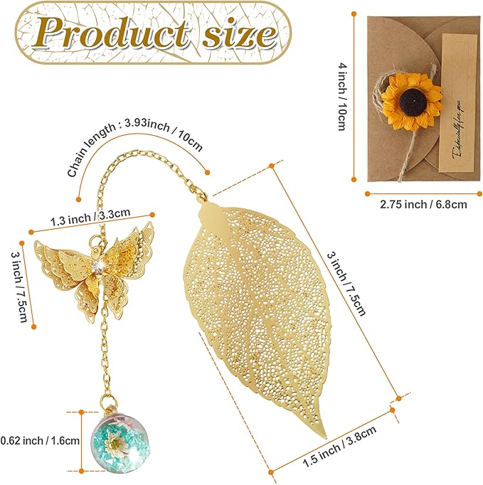 Bookmark with Gift Card,Golden Leaf Book Mark, Rose Flower Craft Gift Card Envelope, Gift for Family, Friend, Kid, Book Lovers sunflbw