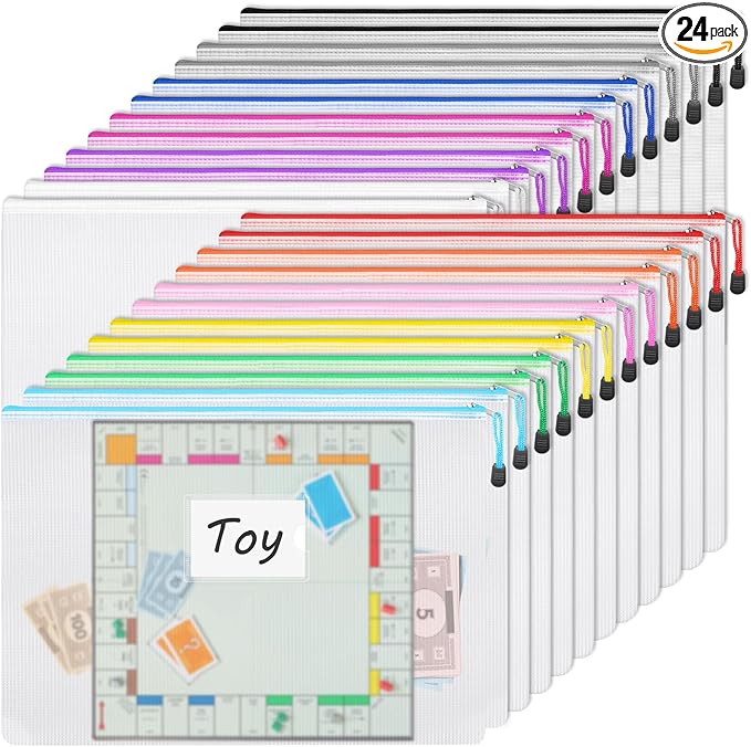 EOOUT 24pcs Mesh Zipper Pouch Bags A3 Extra Large Document Bag with Label Pocket, 16.9x12 Inches, Plastic Zip File Folders, Puzzles, Board Game Storage for Organizing Office Home