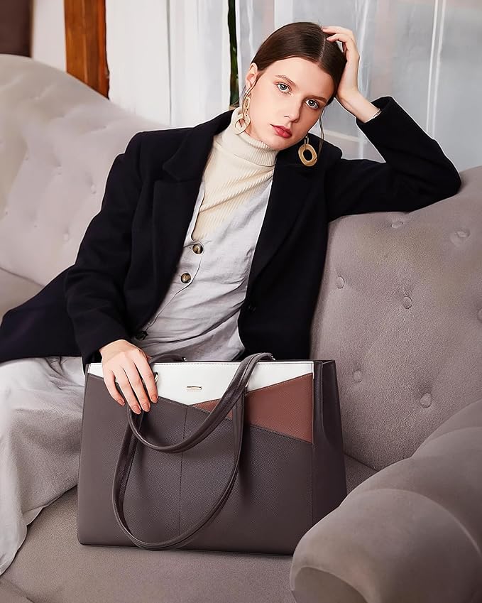 LOVEVOOK Laptop Tote Bag for Women, Office Work Bag Briefcase fit for 15.6 inch Laptop, Large Capacity Teacher Computer Bag Handbag Coffee/Brown/Beige