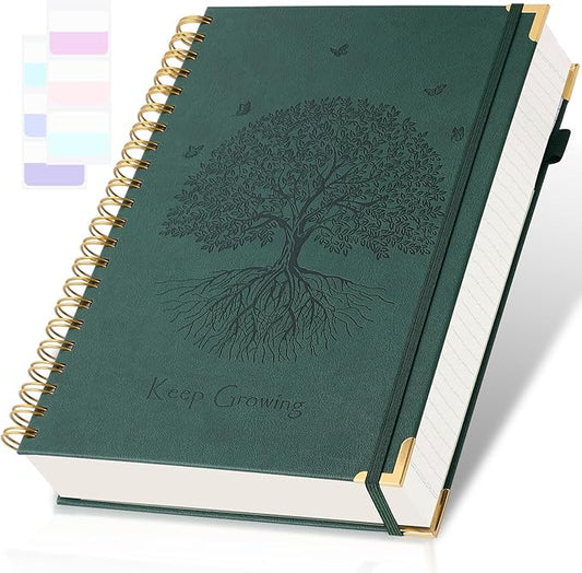 Spiral Notebook, College Ruled Notebook, A5, 300 Pages Leather Journals for Writing, 5.7" x 8.5" Hardcover Journaling Notebooks for Work School, 24pcs Tabs, Large Embossed Journal for Women Men, Green