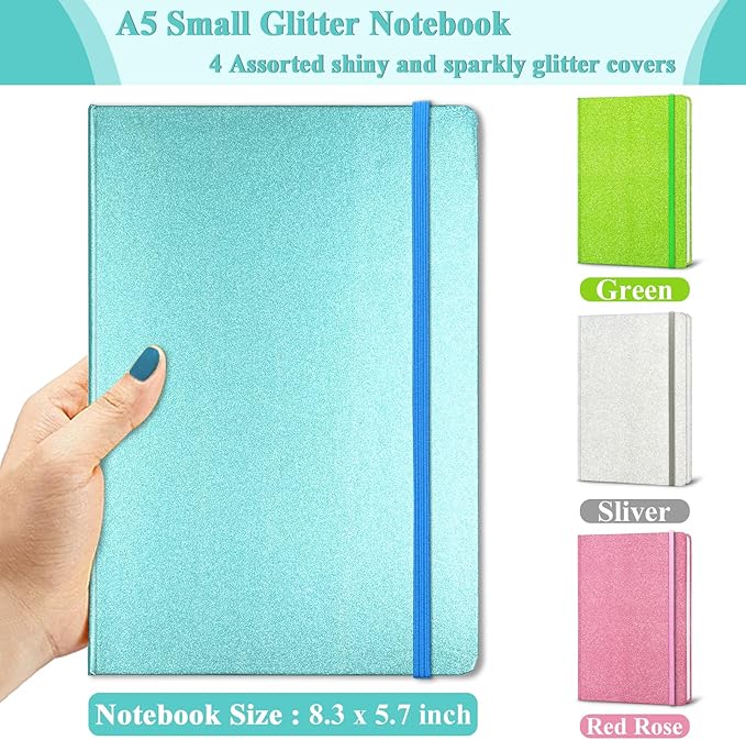 Blue Glitter Notebook, 8.3x5.7” 160 Lined Pages Glitter Never Peel Off Sparkle Journal for Girls College Ruled A5 Hardcover Notebooks for Teens Women Writing Note Taking Office Work School Gifts