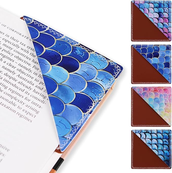 4 Pieces Leather Bookmarks, Cute Book Accessories for Reading Lovers, Page Markers for Women Men Kids Students Teachers Retirement Birthday Gift (Mermaid Scale)