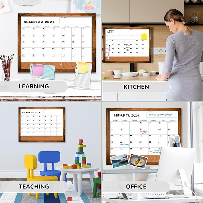 Dry Erase Monthly Calendar Board for Wall, 17"x13" Hanging Board, Magnetic White Boards, Rustic Brown Wood Frame White Board Cork Board Combo, Calendar Bulletin Board for Kitchen Planner Memo Office