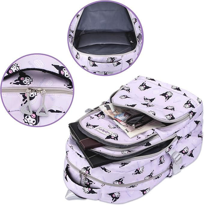 Roffatide Anime Kuromi All Over Print Large Capacity Casual Backpack Laptop Backpack Travel Hiking Rucksack Bike Backpack Purple