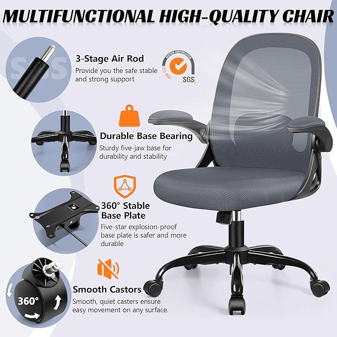Office Chair Ergonomic Desk Chair with Adjustable 3D Lumbar Support and Height, Comfy Mesh Computer Chair with Flip-up Armrests, Swivel Rolling Task Chair with Wheels (Dark Gray)